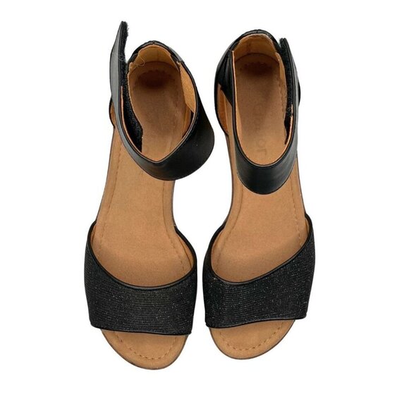 GABOR BLACK LEATHER HOOK & LOOP ANKLE STRAP GLITTER WEDGE SANDALS - 6.5 (4UK) - Picture 4 of 11